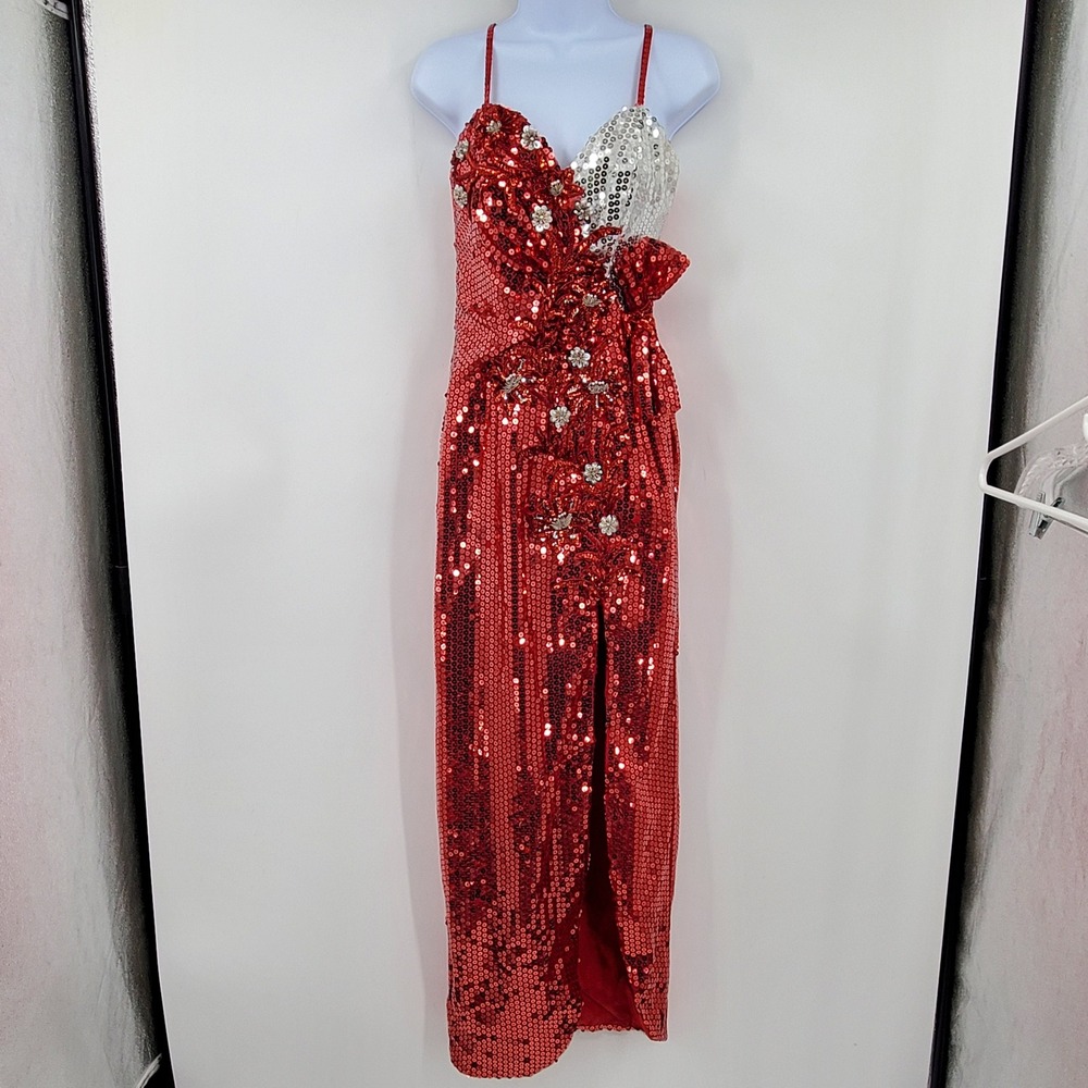 Alyce Designs Vintage Red Silver Sequin Floral Beaded Evening Gown Size 6 Slit